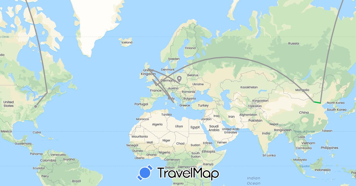 TravelMap itinerary: driving, bus, plane in Canada, China, Czech Republic, France, United Kingdom, Italy, United States (Asia, Europe, North America)
